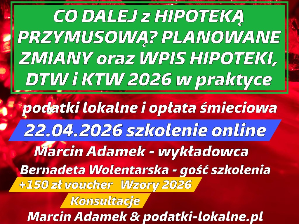 Plakat promujący szkolenie online na temat zmian w hipotekach, datowane 22.04.2026, z informacjami o wykładowcach i voucherach.