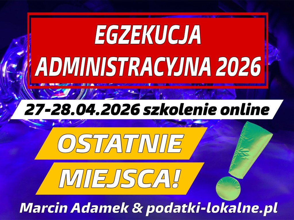 Promotional poster for an online training event titled 'Egzekucja Administracyjna 2026' scheduled for April 27-28, 2026, featuring a call to action for limited spots available. The design includes colorful lights and bold text.