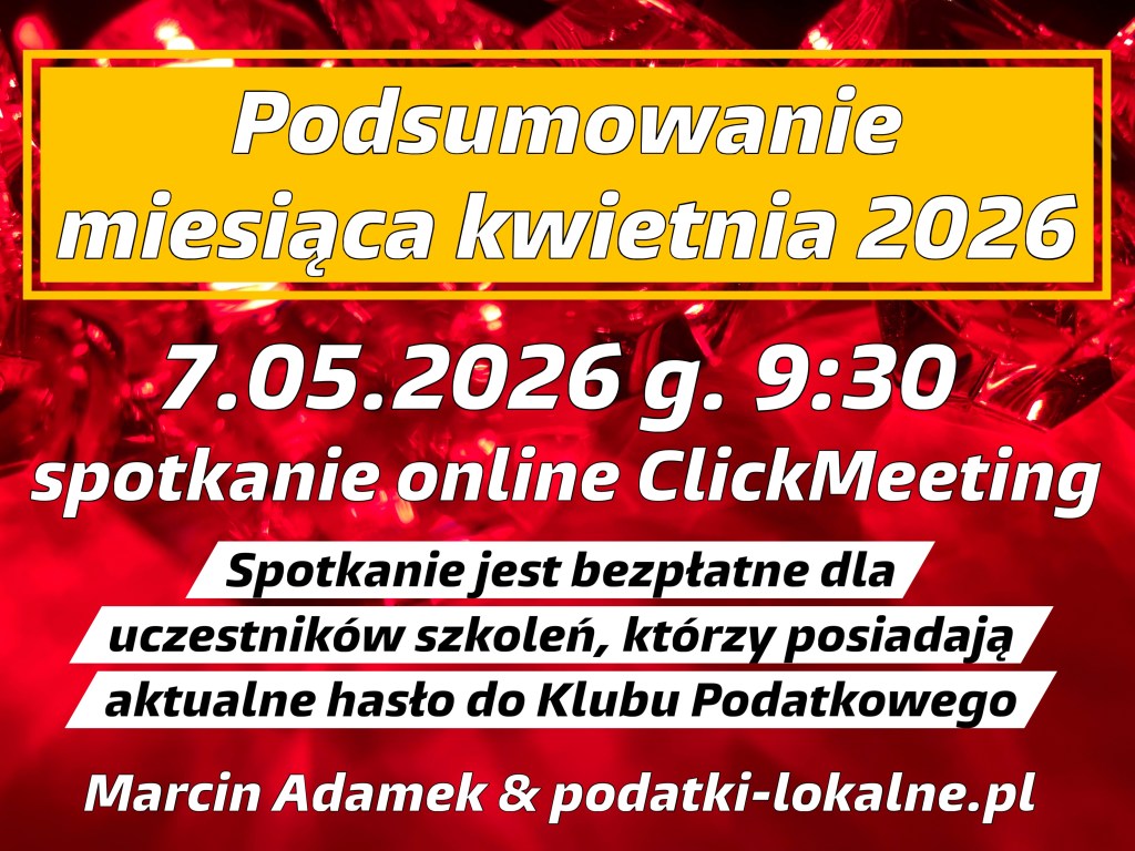 Event announcement for a summary meeting in April 2026, scheduled for May 7, 2026, at 9:30 AM, conducted online via ClickMeeting. The meeting is free for participants of training sessions who have current membership with the Tax Club.