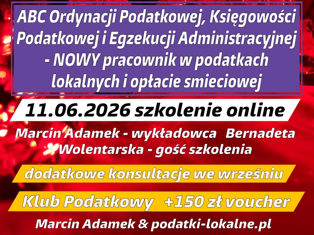 Plakat promocyjny szkolenia online dotyczącego Ordynacji Podatkowej, datowane na 11 czerwca 2026 roku. Zawiera informacje o prowadzących, dodatkowych konsultacjach i vouchera na kwotę 150 zł.