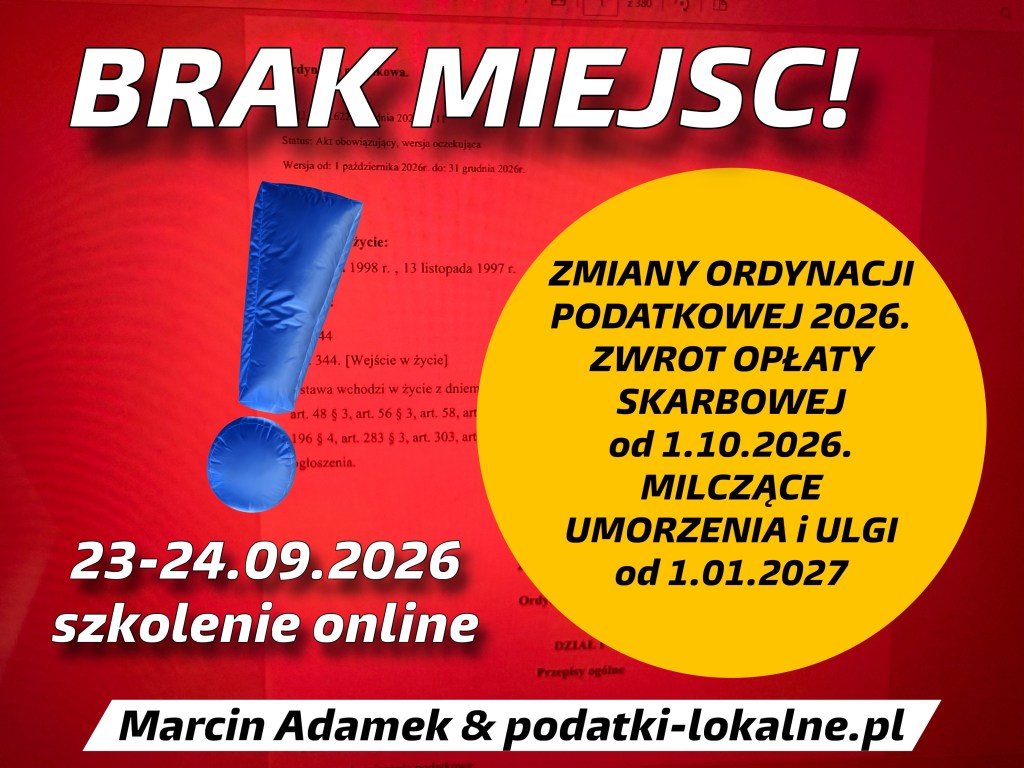 An announcement in Polish stating 'BRAK MIEJSC!' (No places!) with details about an online training on tax ordinance changes scheduled for September 23-24, 2026, including information on tax refunds and deferrals.
